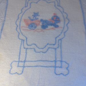 Vintage Chenille Baby Crib Blanket Pink and Blue Donkey Flower Cart
